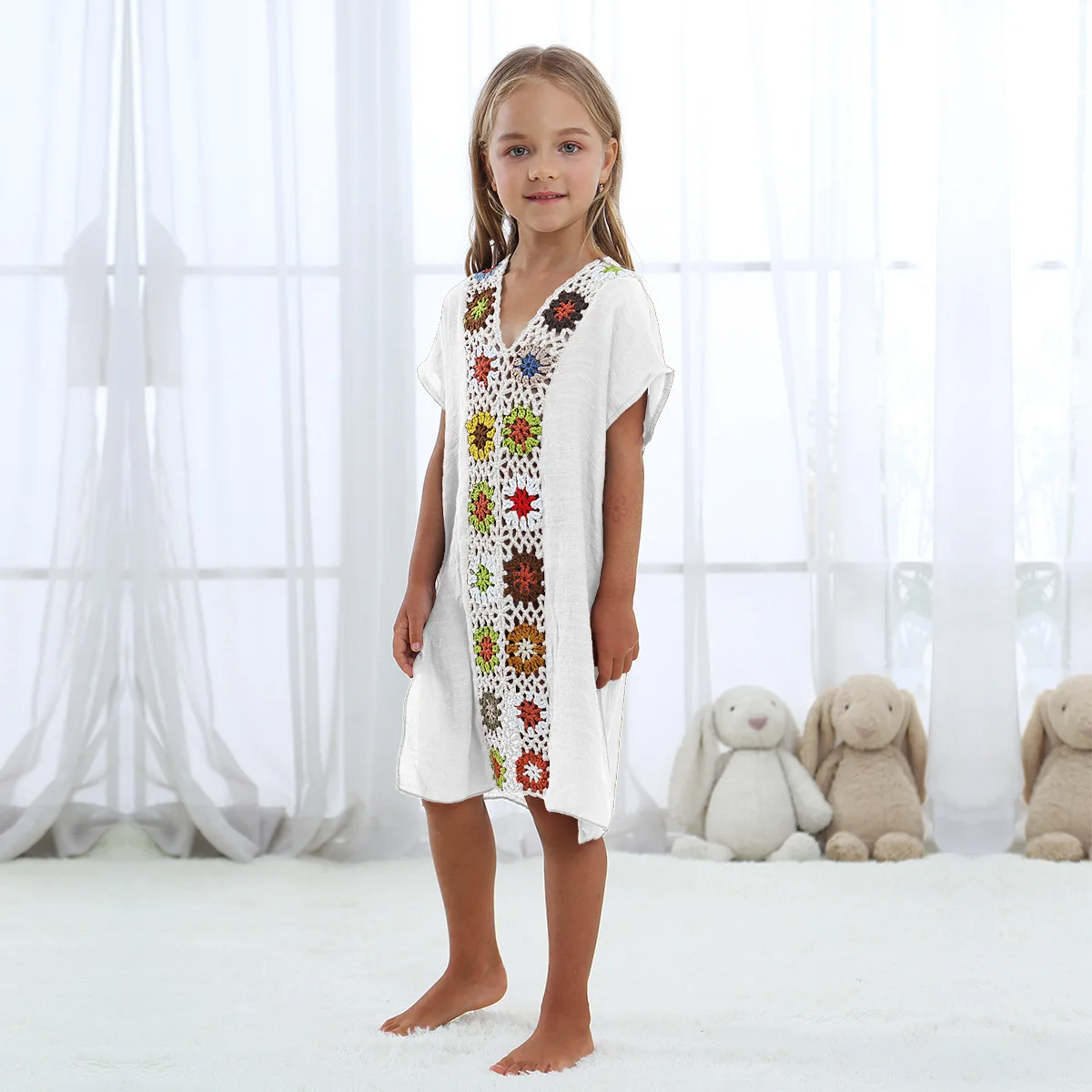 

Family Fitted Crochet Flower Stitching Long Loose-Fit Slit Children's Dress