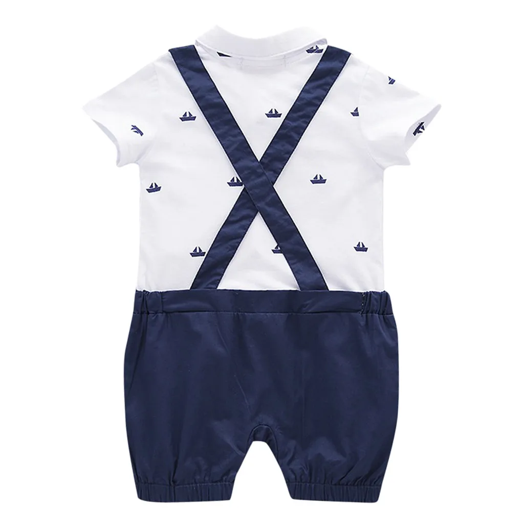 0-3T baby short-sleeved bowknot cartoon printing suspenders gentleman suit Siamese fashion jumpsuit solid S4 |