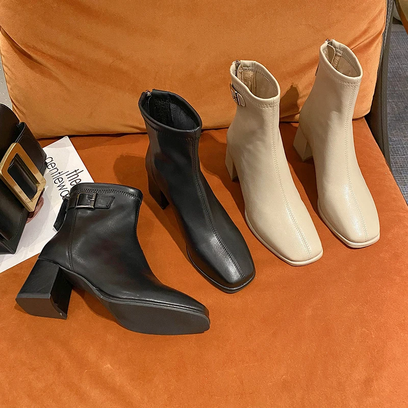 

Женские ботинки, осенняя женская обувь на молнии, зимняя обувь, женские ботильоны на высоком каблуке, 2021, резиновая обувь из искусственной к...