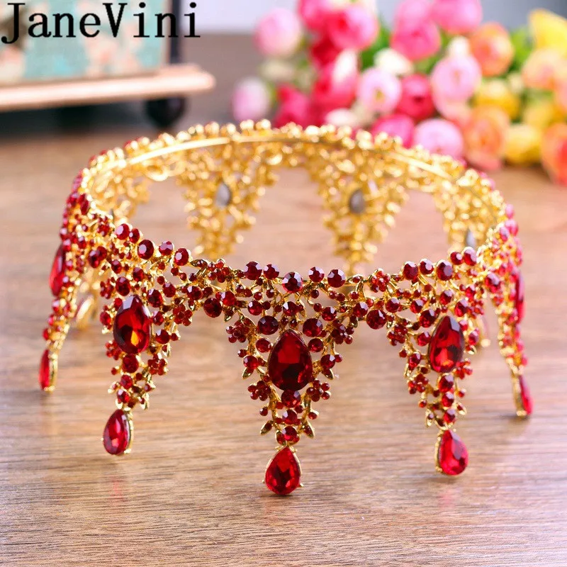 Женская головная повязка JaneVini 2019 с красными кристаллами, индийскими круглыми коронами барокко из золотого металла и тиарой для невесты.
