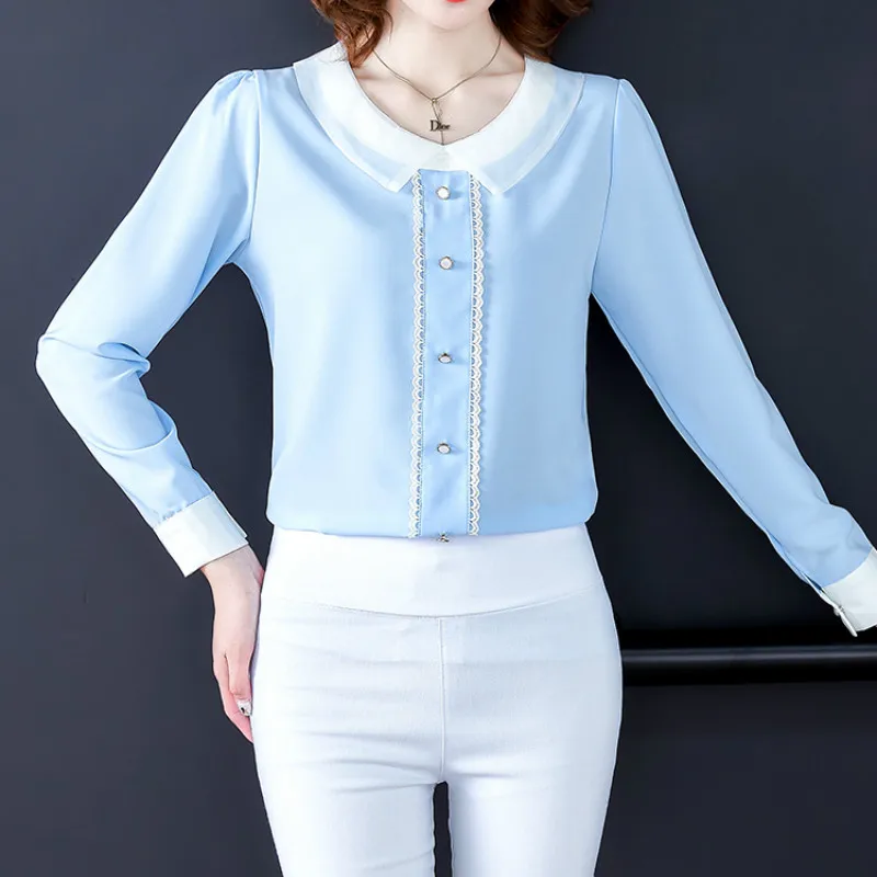 Блузка женская шифоновая с круглым воротником и длинным рукавом 2019 50|Блузки| |