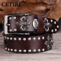 High Quality Metal Rivet Cowboy Belt Top Grain Genuine Leather Cowskin Men Belt Punk Rivet Jeans Belts For Men