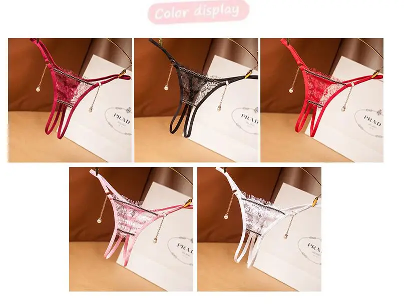 Flower Embroidery Net Yarn Open Crotch Sexy Panties For Women With Pearl Drop Pendant Thongs and G strings Underwear