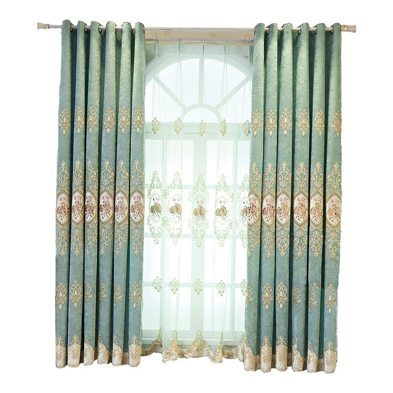 

Europe Elegant Flower Embroidered Blackout Curtains for Living room Bedroom Luxury Blue Green Villa French Window Drapes ZH072F
