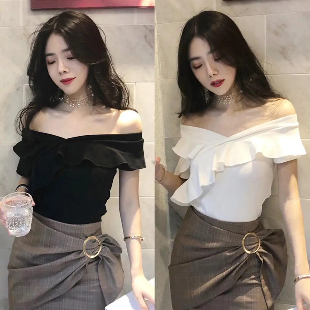 Женская Однотонная футболка с v образным вырезом и открытыми плечами коротким