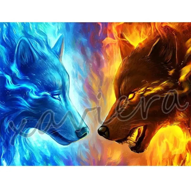 

5D Diy Diamond Painting Animal Ice and Fire Wolf Cross Stitch Red Blue Full Drill Mosaic Rhinestone Embroidery Kit Handmade Gift