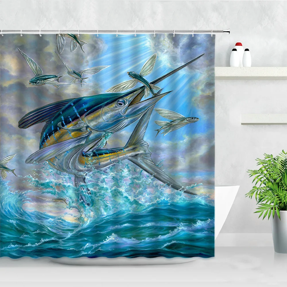 

3D занавеска для душа с рыбками, s крыла, морская волна, океан, природный ландшафт, Современный домашний декор, водонепроницаемая занавеска из...