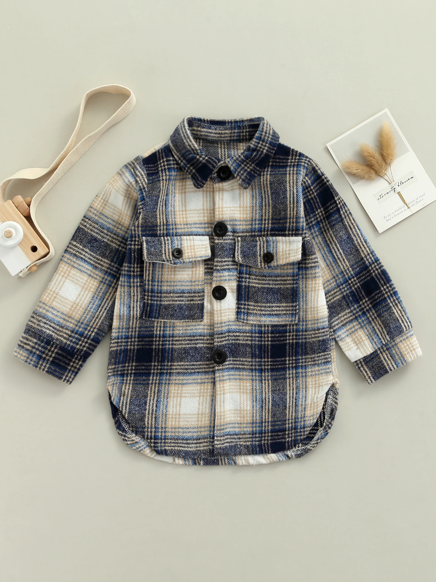 

Unisex Children Plaid Print Coat, Loose Fit Long Sleeve Lapel Neck Irregular Hem Shirt with Pockets 18M-6T