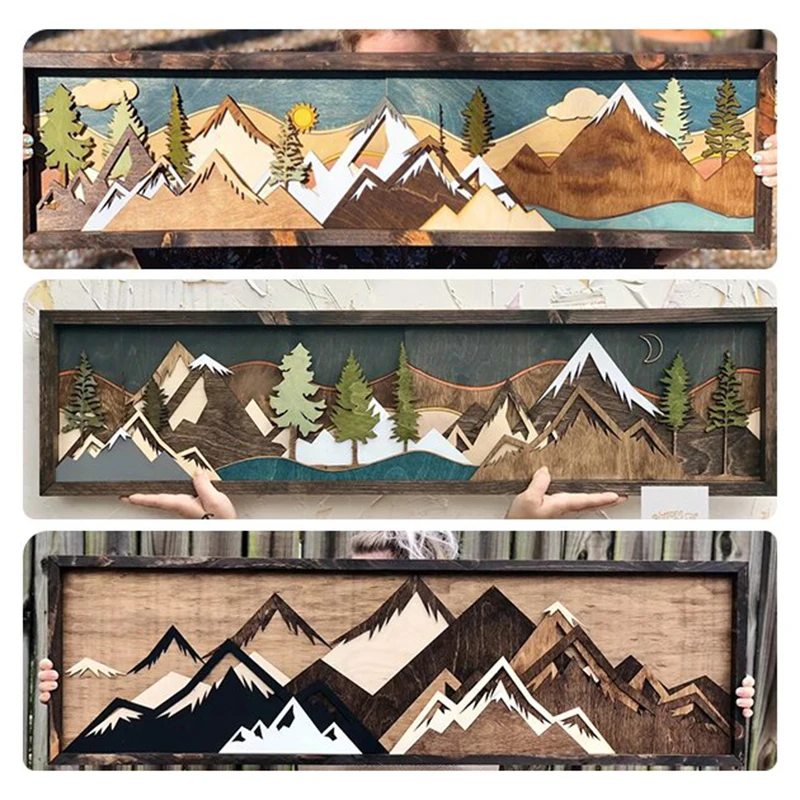 

Handmade Wooden Forest & Mountain Wall Decor for Home Restaurant Hanging Ornament Housewarming Gift Decorative Hanging Picture