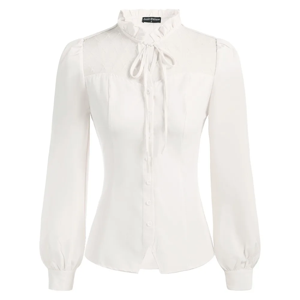 

Women Renaissance Shirt Puffed Long Sleeve Stand Collar Mesh Patchwork Tops See-through Mesh Fabric Patchwork Design Button