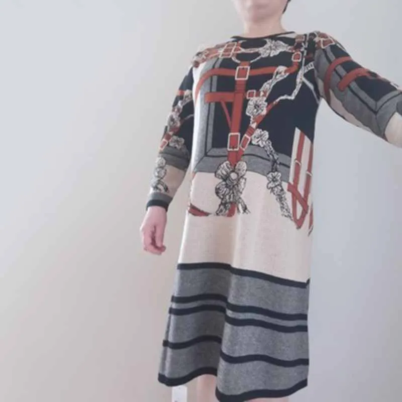 

Jacquard Knitted Sweater Dress Women 2021 Autumn Winter New Fashion O-Neck Long Sleeve Knee-Length Bottom Clothing High Quality