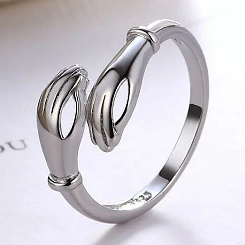 

925 Sterling silver Mother Love Hands Open Ring Women's Cute Creative Hand Hug Adjustable Size Ring Mother's Day Gift
