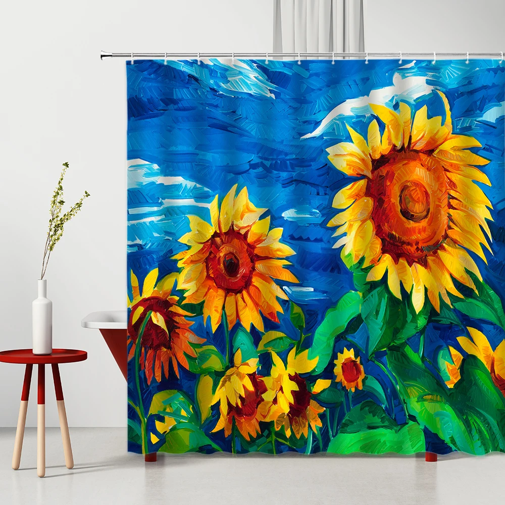 

Floral Sunflower Shower Curtains Washable Hand-Painted Lotus Red Flower Polyester Bathroom Decor Set With Hooks Bathtub Curtain