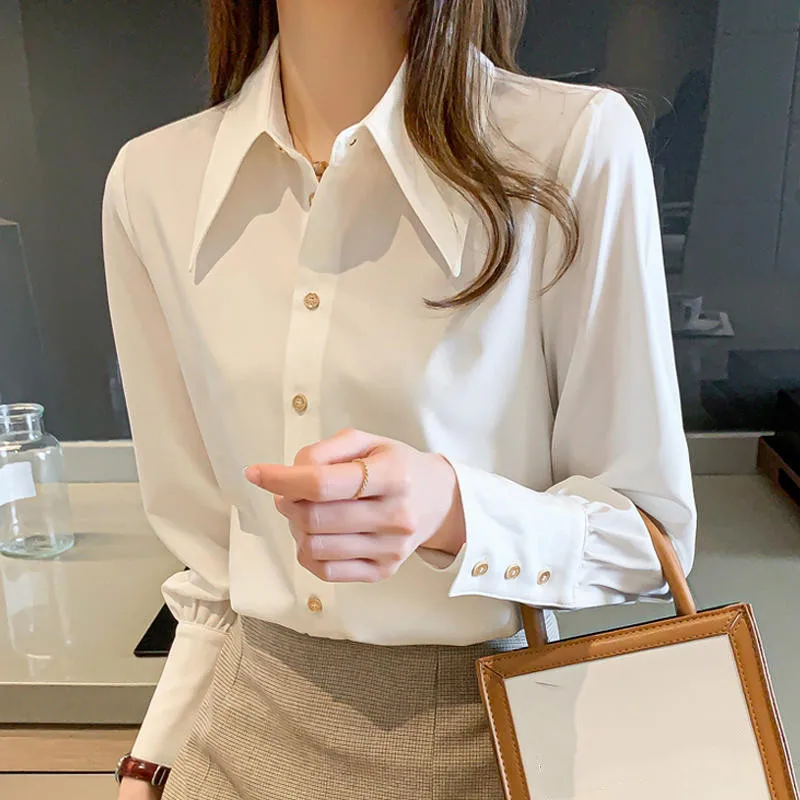 

Модные Офисные Дамские топы с длинным рукавом, женские блузки, свободная Однотонная рубашка, блузка, женские элегантные белые атласные шифо...