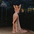 Женское вечернее платье на одно плечо Pretty, телесное розовое платье с Боковым Разрезом и перьями, платье для вечевечерние в стиле знаменитостей