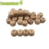 fosmeteor teething accessories 100pc square shape beech wood letter beads crib toy 12mm teething diy jewelry beads baby teether