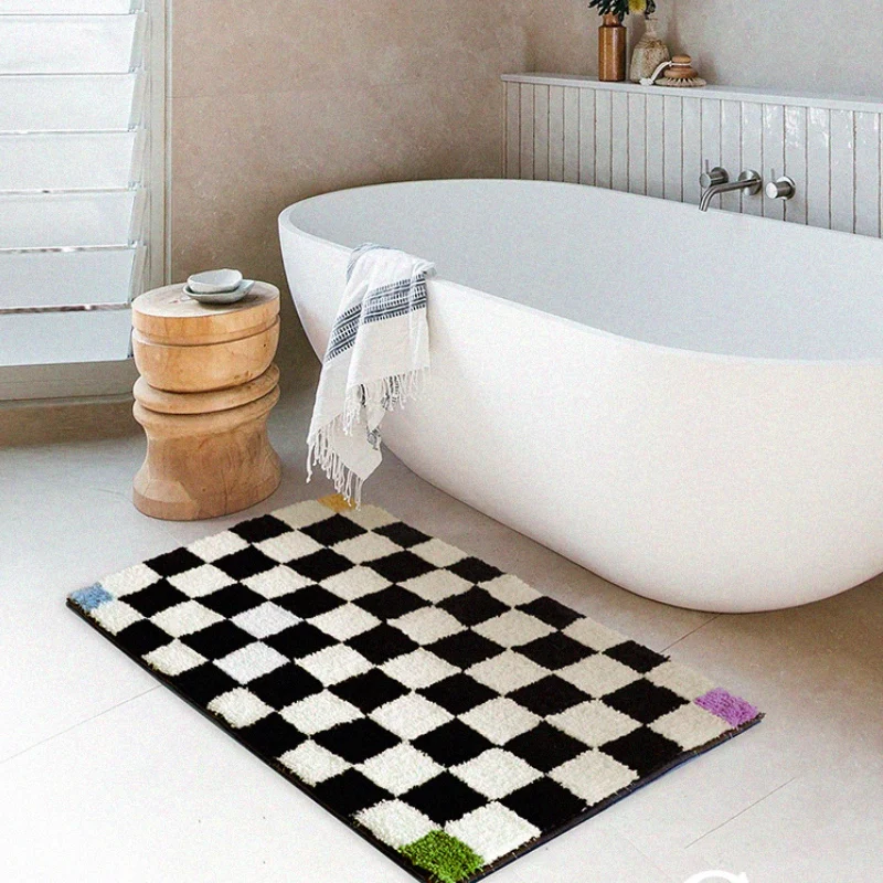 

Bathroom Mat Chic Simple Checkboard Soft Carpet Geometric Art Super Absorbent Slip-resistant Pad Kitchen Door Floor Mats