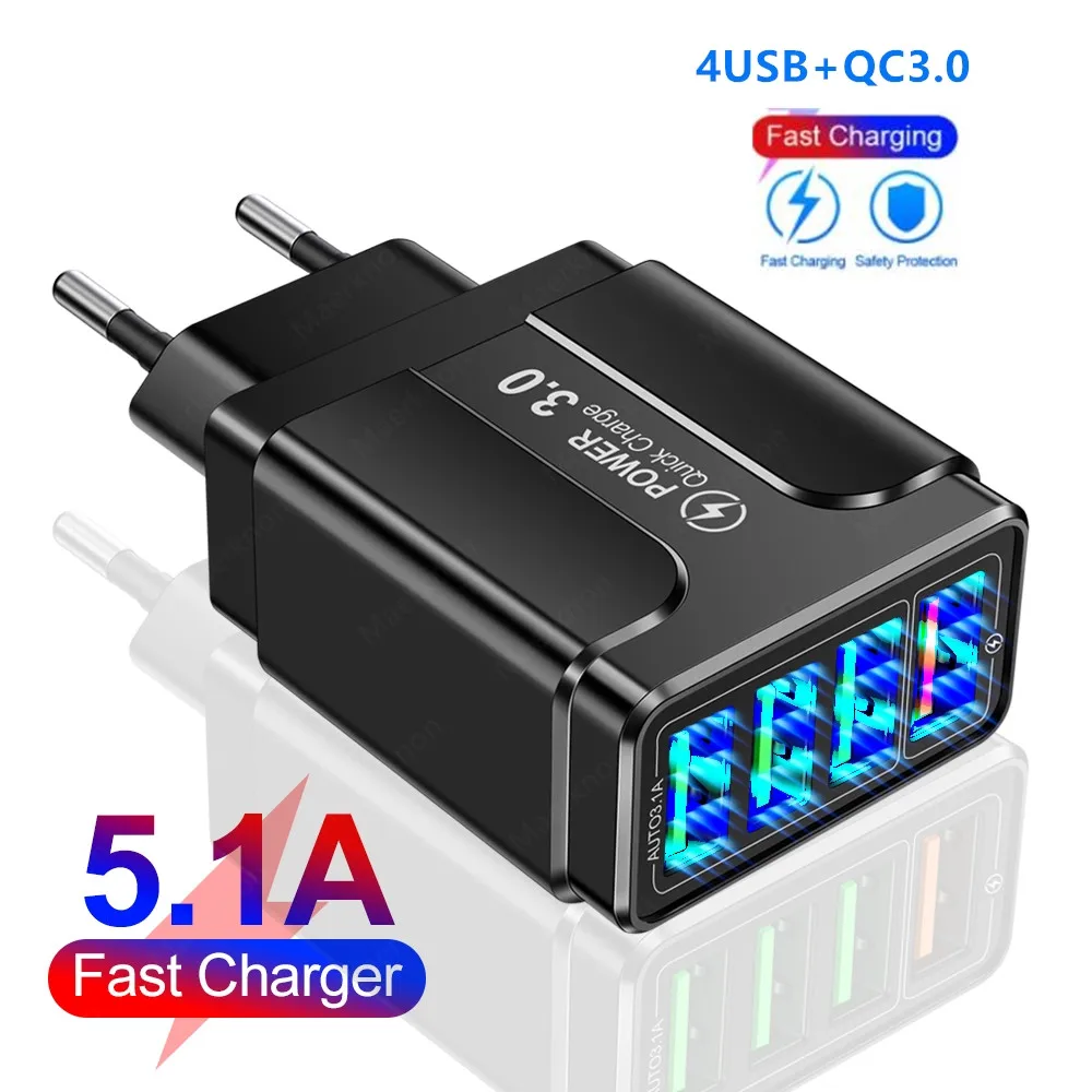 

5.1A USB Charger Quick Charge 3.0 35W For iPhone 12 11 Huawei Samsung S9 Mobile Phone 4 Ports QC3.0 charger Fast Wall Charger