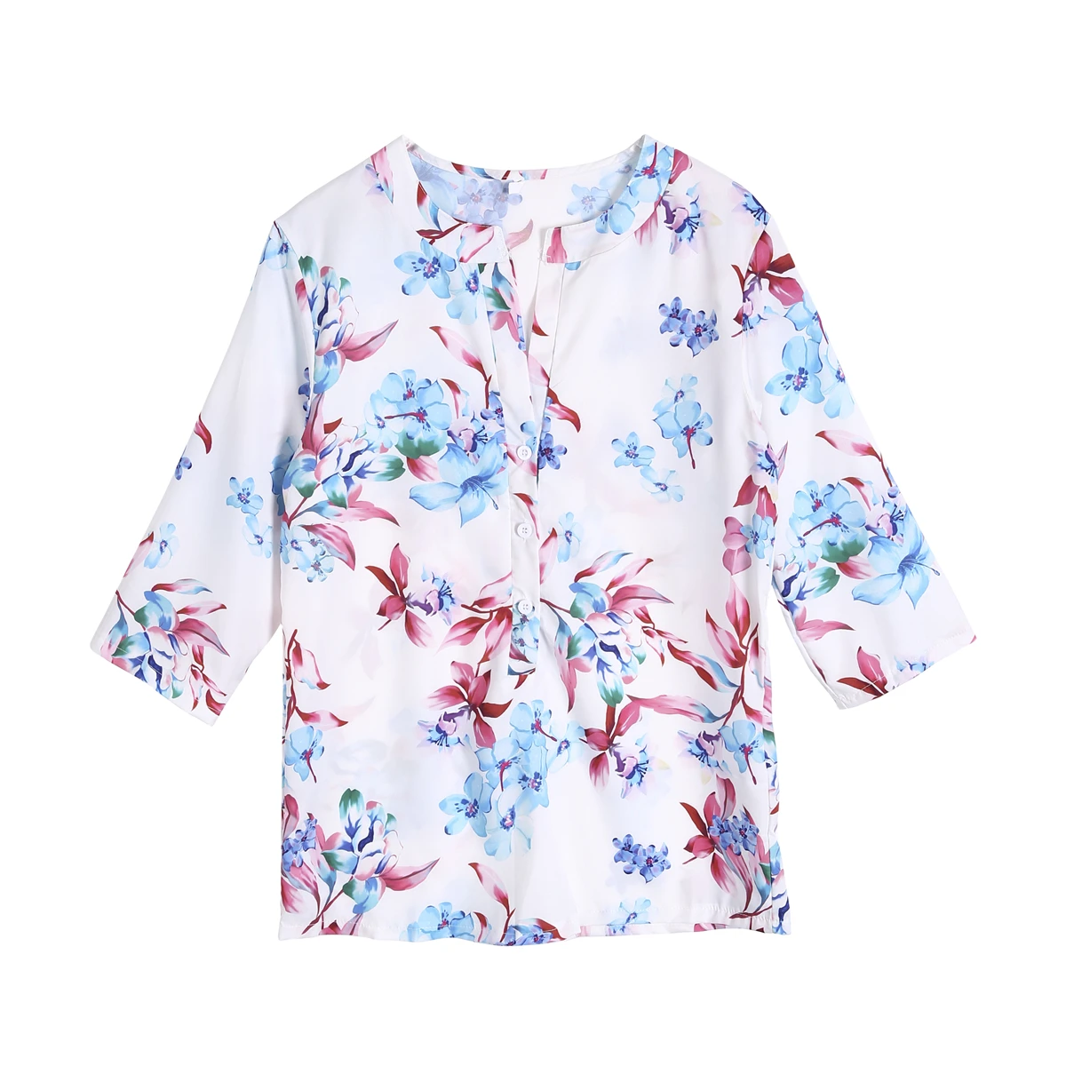 Женская блузка в стиле бохо с цветочным принтом на пуговицах коротким рукавом