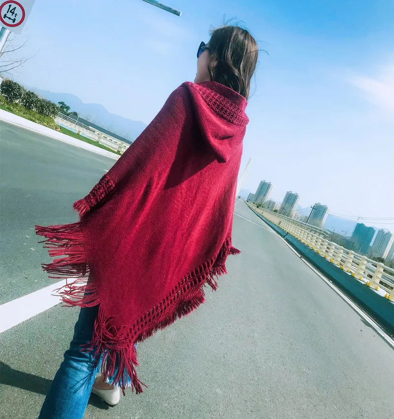 Женский вязаный свитер-пончо с капюшоном однотонная шаль накидка плюшевой