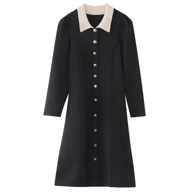 

SuperAen Autumn and Winter 2021 New Peter Pan Collar Puff Sleeve Vintage Solid Full Mid-Calf Dresses Women