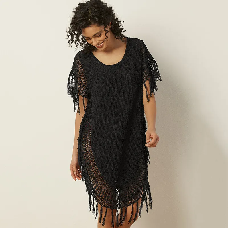 

Sexy Women Knitted Bikini Cover Up Tassels Summer Pareo Beach Wear Cover-Ups Swimsuit Hollow Crochet Beach Dress Tunic Black