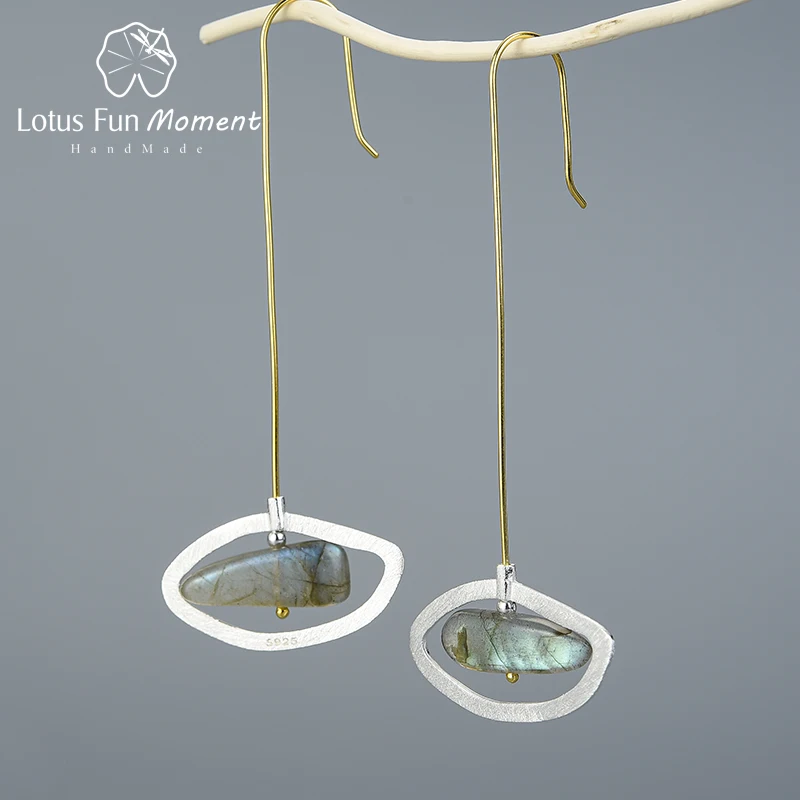 Lotus весело момент Настоящее серебро 925 проба Натуральный Лабрадорит ювелирные изделия поворотный глаза мира длинные Длинные Висячие серьги для Для женщин