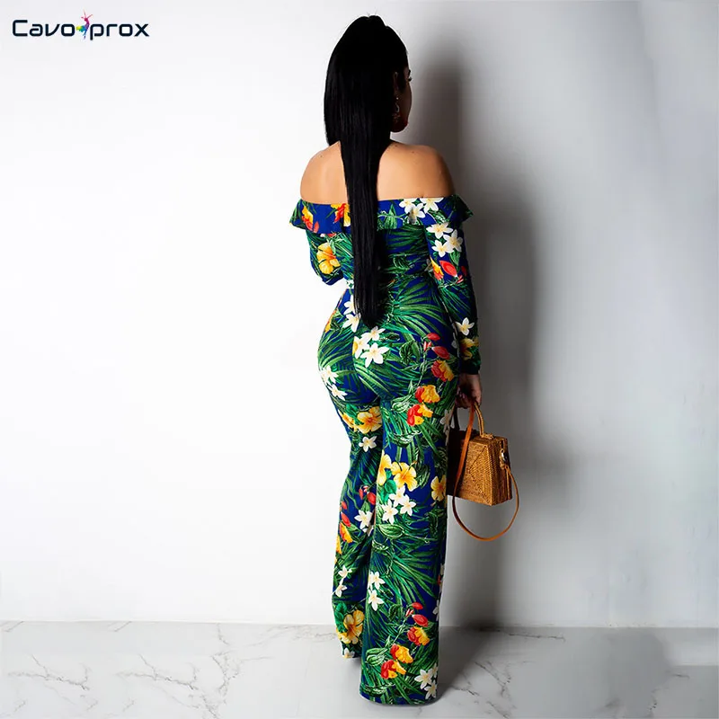 Women Flora Printed Long Sleeve Off Shoulder Bodycon Wide Leg Jumpsuit Wrap Belt Slim Fit Street Wear Fashion New Trend | Женская одежда