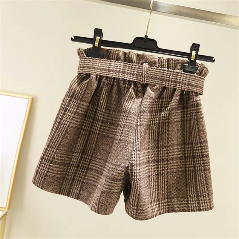 Женские шорты с карманами MUMUZI повседневные клетчатые высокой талией и поясом