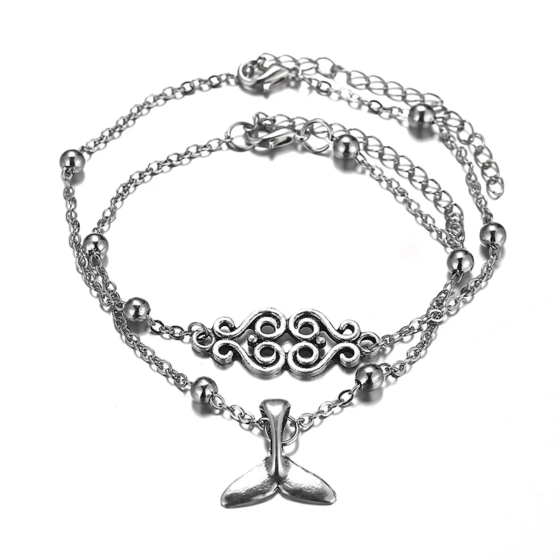 Европейский и американский ретро-браслет на ногу с узором «рыбий хвост», комплект из 2 предметов, ножной браслет на ногу ручной работы, богемное ювелирное изделие VB1048