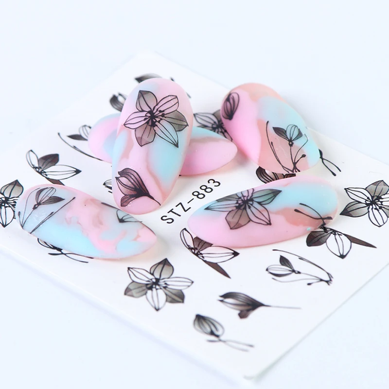 1 лист шт. черные цветочные водные переводные наклейки для ногтей цветы листья