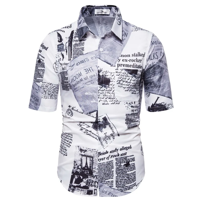 

Vintage Shirt For Men Casual Postmark Newspaper Print Short Sleeve Hawaiian Shirts Streetwear Men Korean Clothes Blusa Masculina