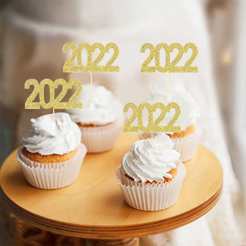 

12pcs Happy New Year 2022 Cake Topper Merry Christmas Ornaments Christmas Decorations 2022 Gold Silver Glitter Cupcake Topper