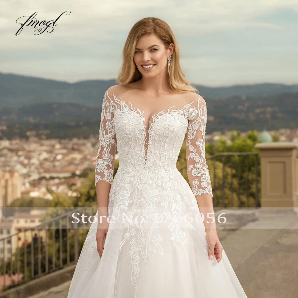 

Fmogl Sexy Backless Three Quarter Sleeve A Line Wedding Dresses 2020 Appliques Sweep Train Tulle Vintage Bridal Gowns Plus Size