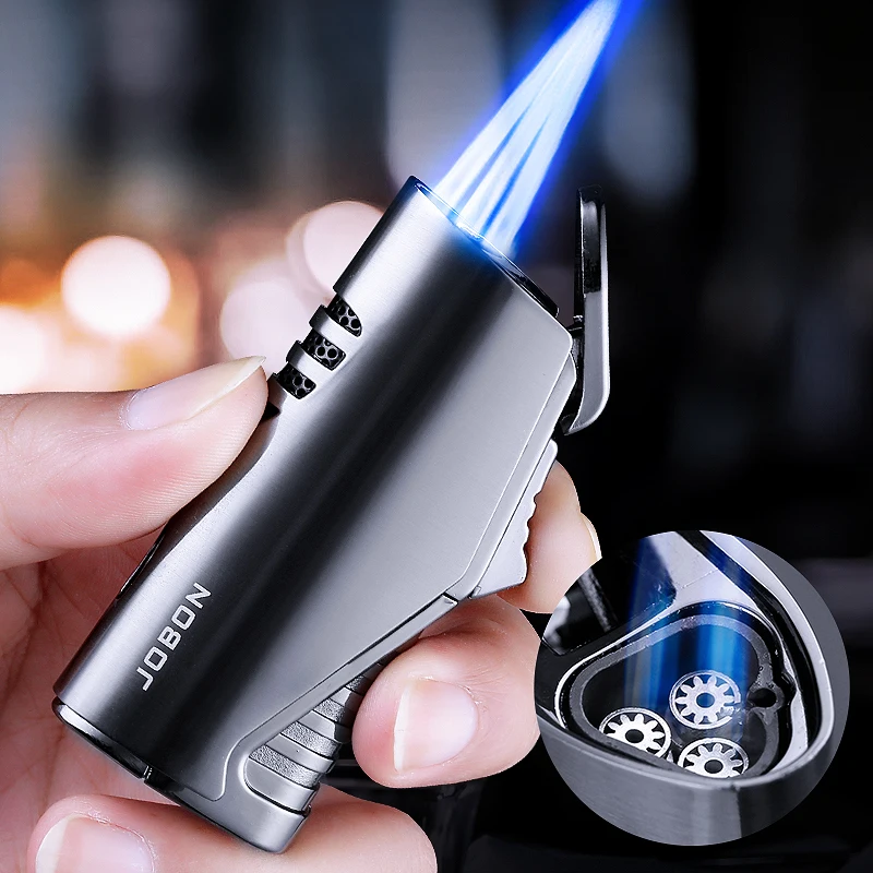 

Jobon Metal Triple Torch Jet Lighter With Cigar Cutter Windproof Blue Flame Gadgets For Men Gift Without Gas