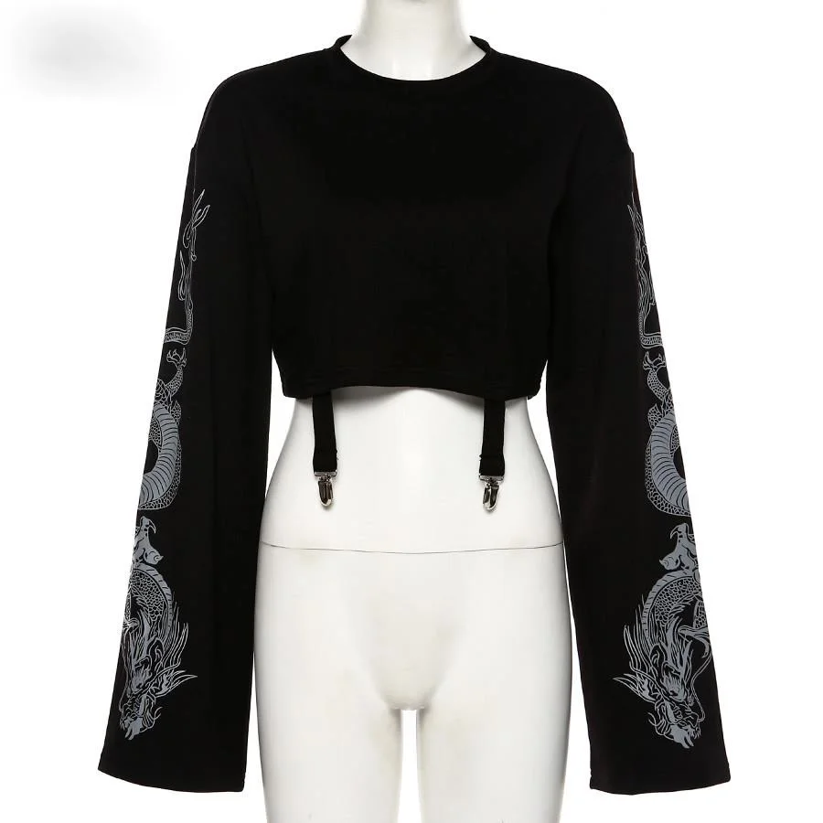 

Dragon Print Loose Pullover Flare Sleeve Hoodies Woman Fashion Casual Streetwear Comfy Short Top Sweatshirts New Autumn Outfit