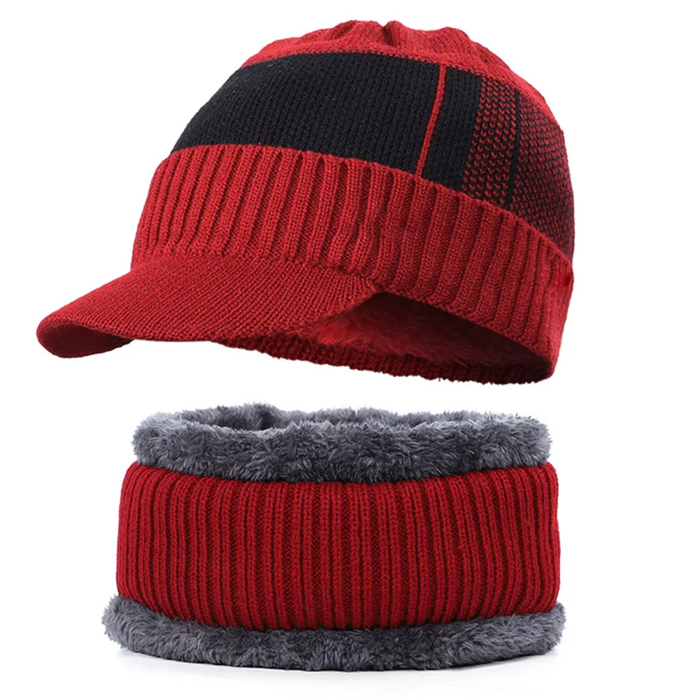 Wine red hat and sca Мужская зимняя теплая шапка, вязаная шапка с флисовой подкладкой, мягкая дышащая шапка с петлями для шарфа, набор KNG88 - Цвет: Wine red hat and sca