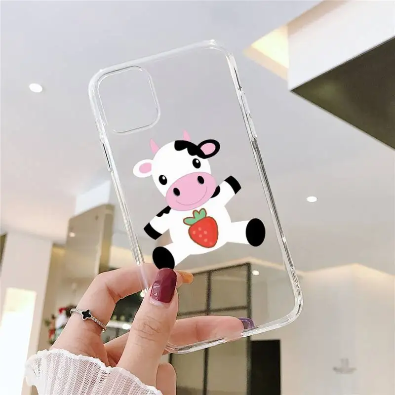 

Cow Print Strawberry pink Phone Case Transparent for iPhone 6 7 8 11 12 s mini pro X XS XR MAX Plus SE cover funda