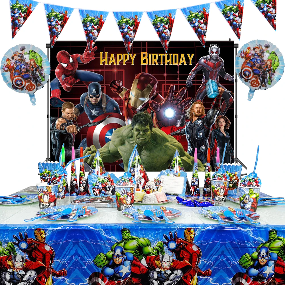 cartoon-the-avengers-theme-birthday-supplies-tablecloth-paper-plate-cup-straw-banner-balloon-party-decoration-set-baby-shower