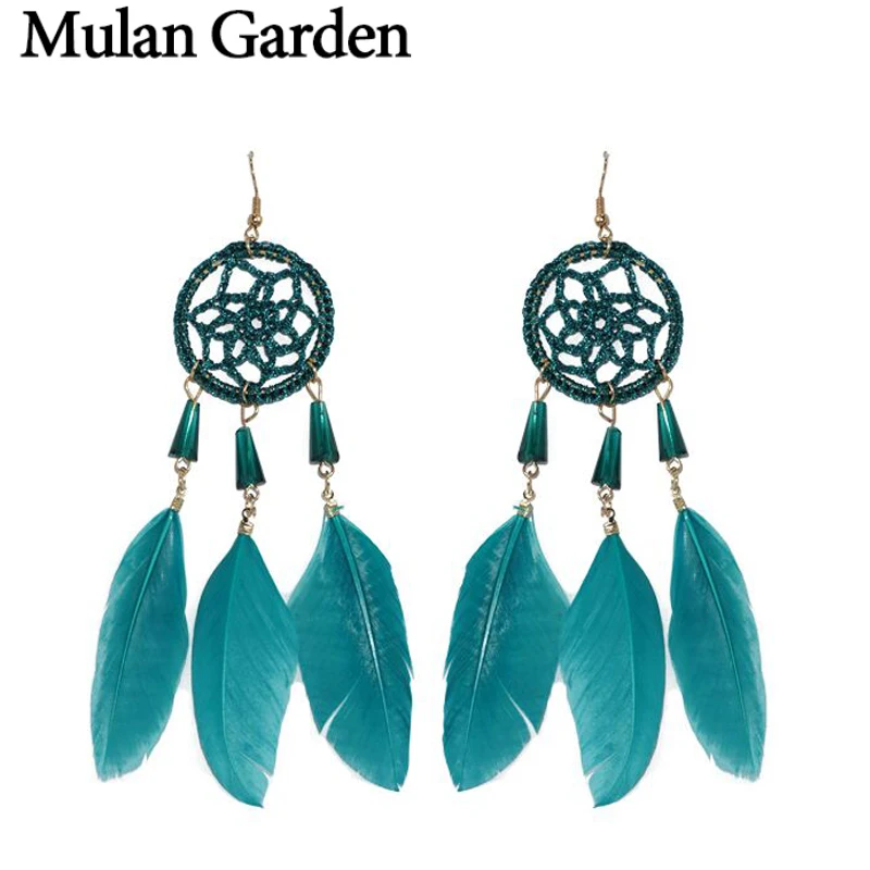 

Mulan Garden Ethnic Bohemian Long Nature Feather Earrings for Women Dreamcatcher Resin Bead Big Statement Vintage Earrings 2018