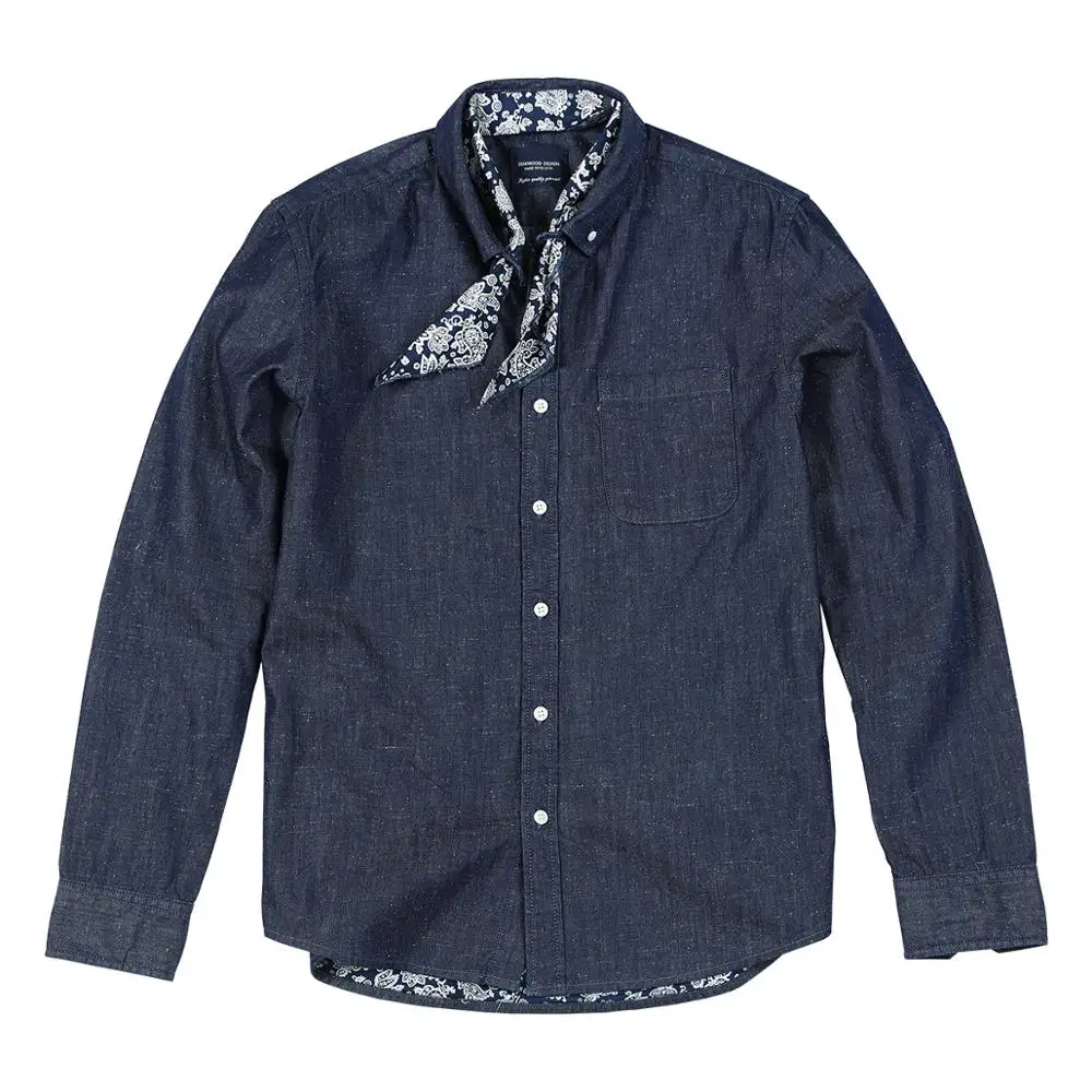 Мужская джинсовая рубашка SIMWOOOD темно синяя в горошек со съемным шарфом весна