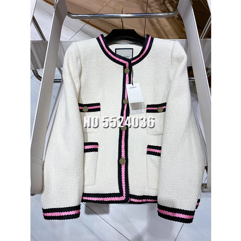 

2021 New Spring Autumn Tweed O-Neck Women'st Long Sleeved Hit Color Ribbon Ladies Jacket Outwear