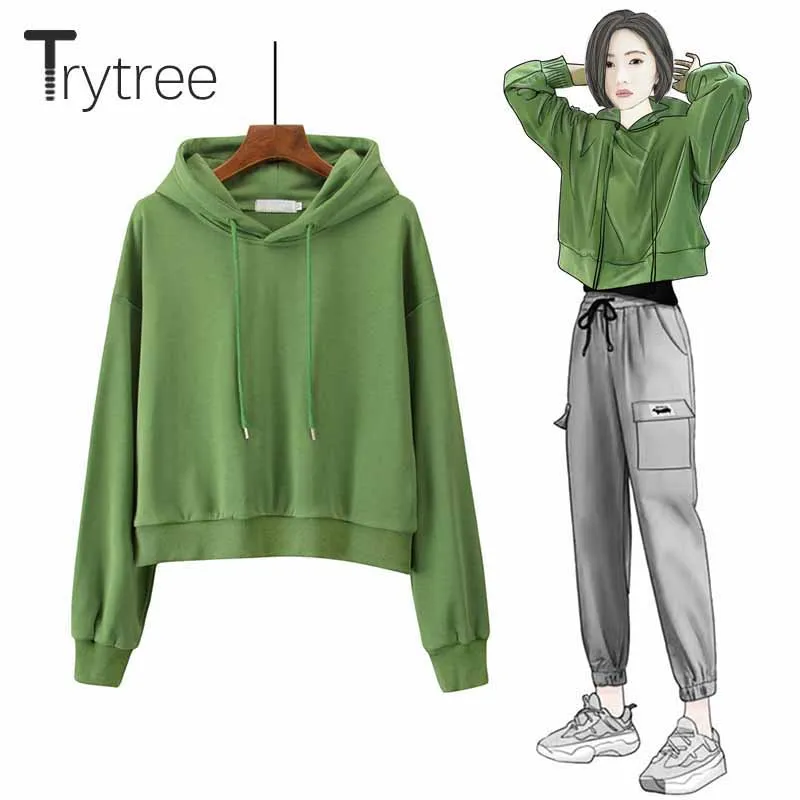 Женская толстовка Trytree повседневная однотонная Короткая Толстовка с капюшоном