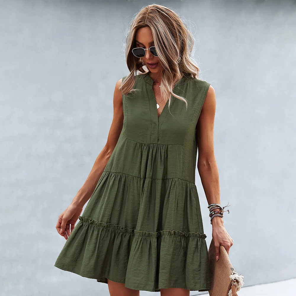

Yg Brand Foreign Trade Women's Wholesale Summer New Sleeveless Cotton Hemp Women's Casual Skirt Loose Solid Color V-neck Dress