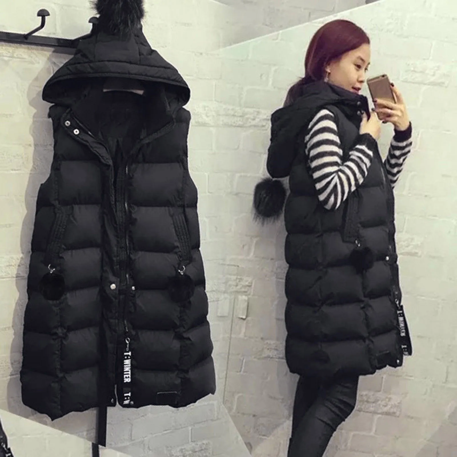 

Women Waistcoat Winter Vest Long Down Cotton Jackets Sleeveless Bread Coats Oversize Hooded Vest With Pocket Chalecos Para Mujer