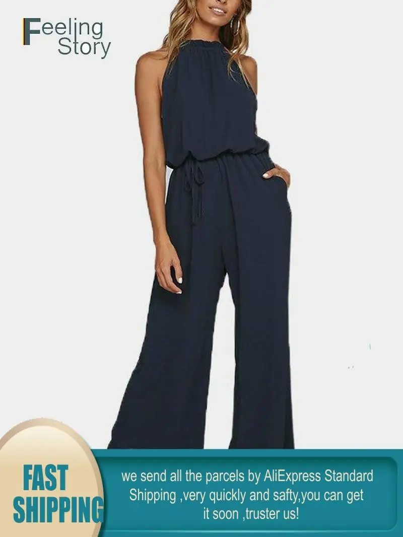 Комбинезон без рукавов с открытой спиной и широкими штанинами сексуальный