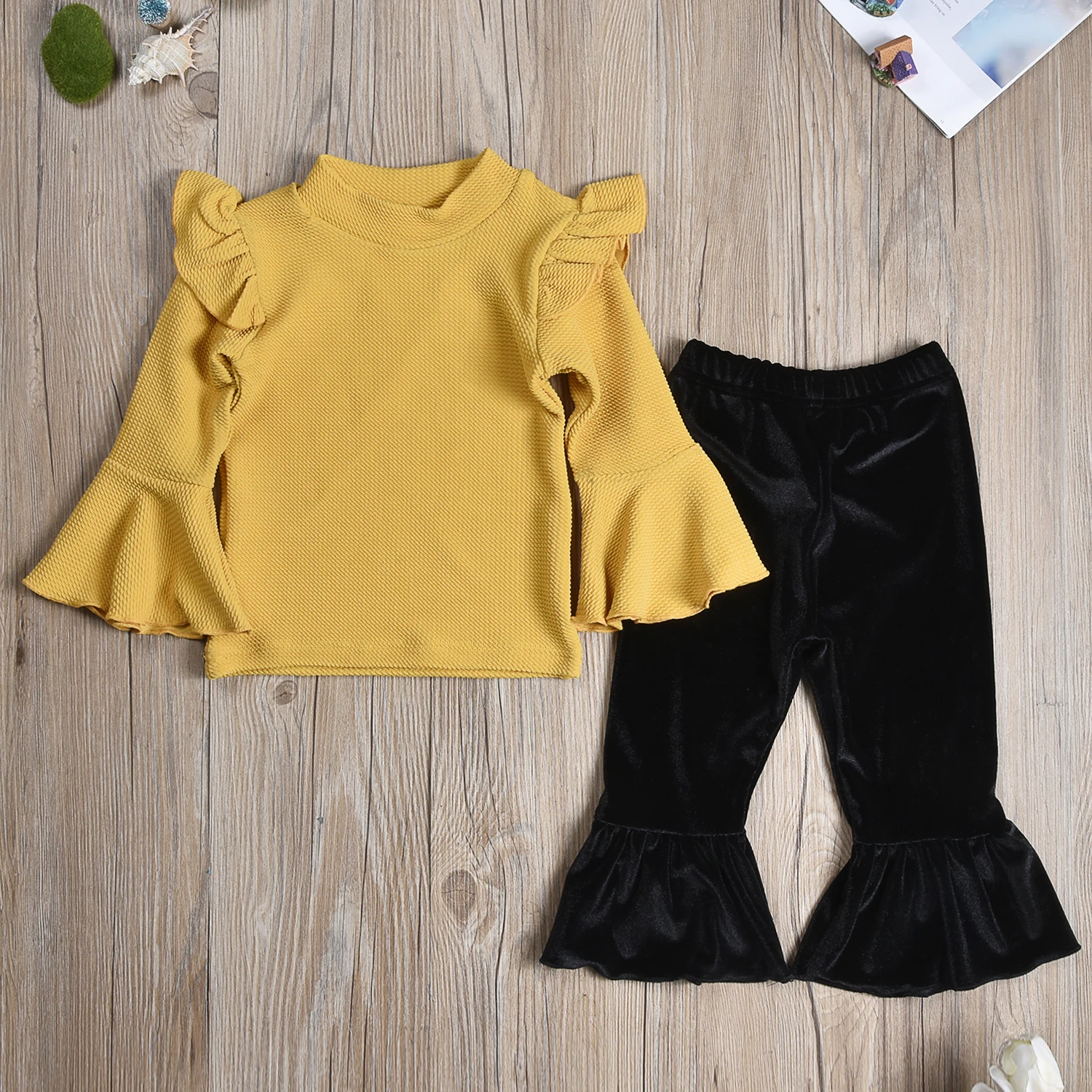 

Toddler Newborn Baby Girls Clothes Kids Solid Ruffle Long Sleeve Shirt Tops velvet Flare Pants Outfits 1-5 Years