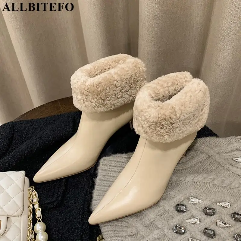 

ALLBITEFO Real Wool Suitable For Cold Winter Snow Boots Fashion Genuine Leather Women Boots Shoes High Heel Shoes Ankle Boots