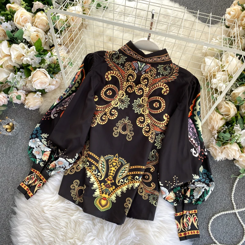 

Women's Royal Style Prints Autumn Retro Lantern Sleeve Blouse Chic Ladies Shirt