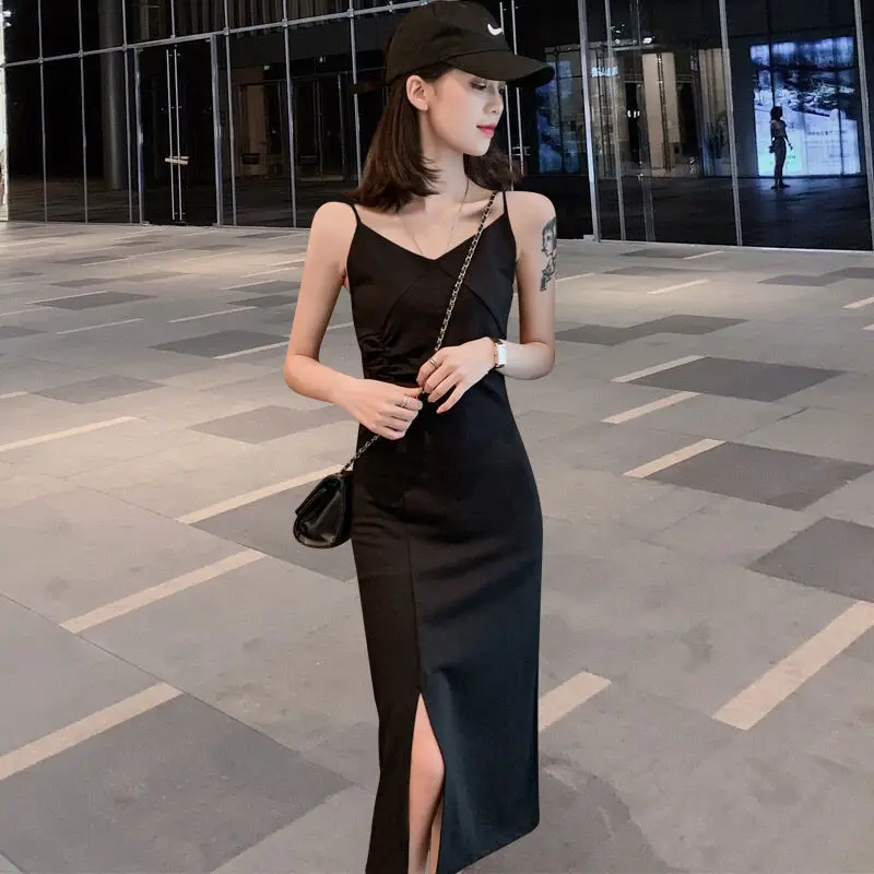 

Summer Women's Dress 2021 Low Chest Backless Casual Sleeveless Sling Slips Under Ladies SlimSplit Dress party Slit longuette